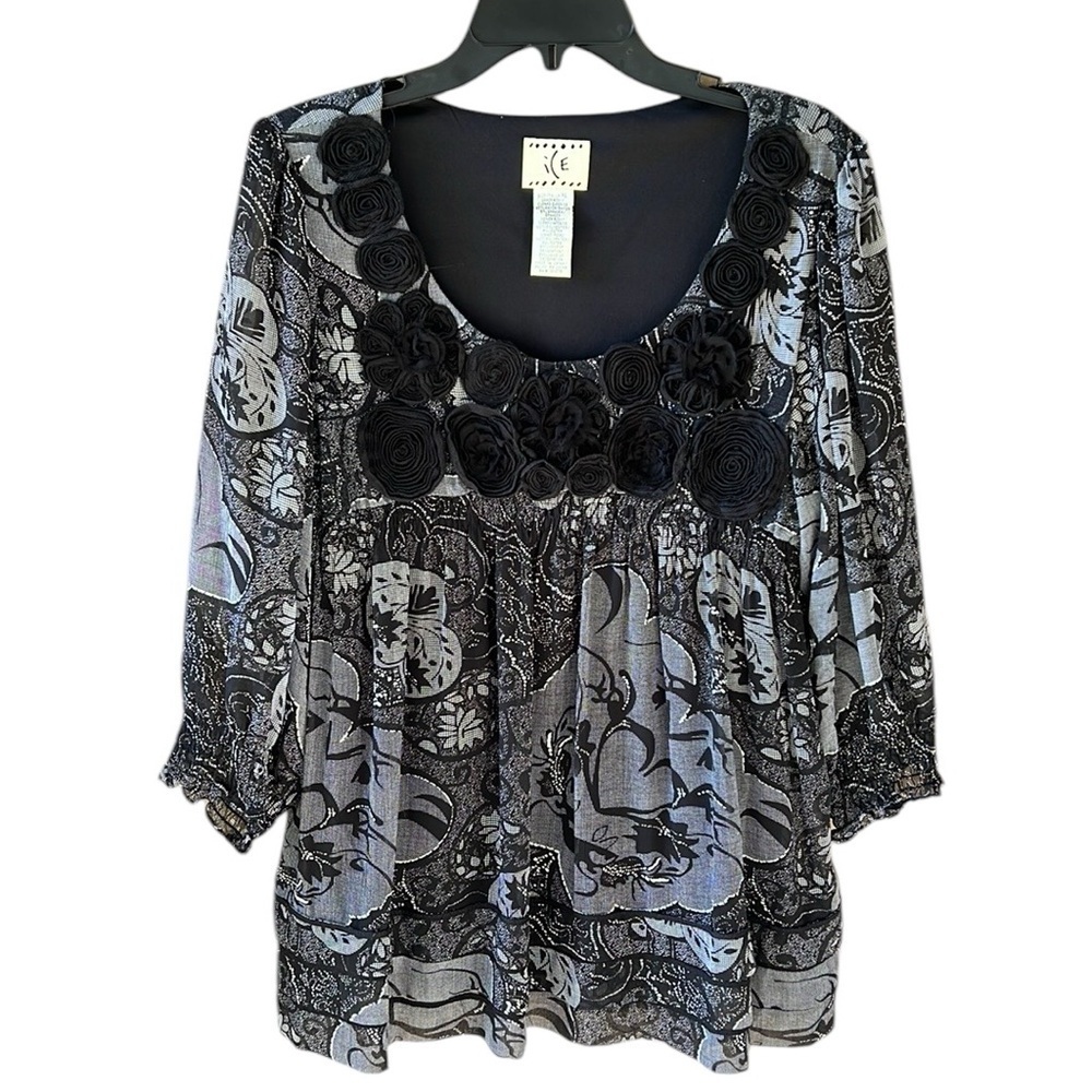 ICE XL Vintage Y2K Babydoll Black White Sheer Blouse Top Floral Detail